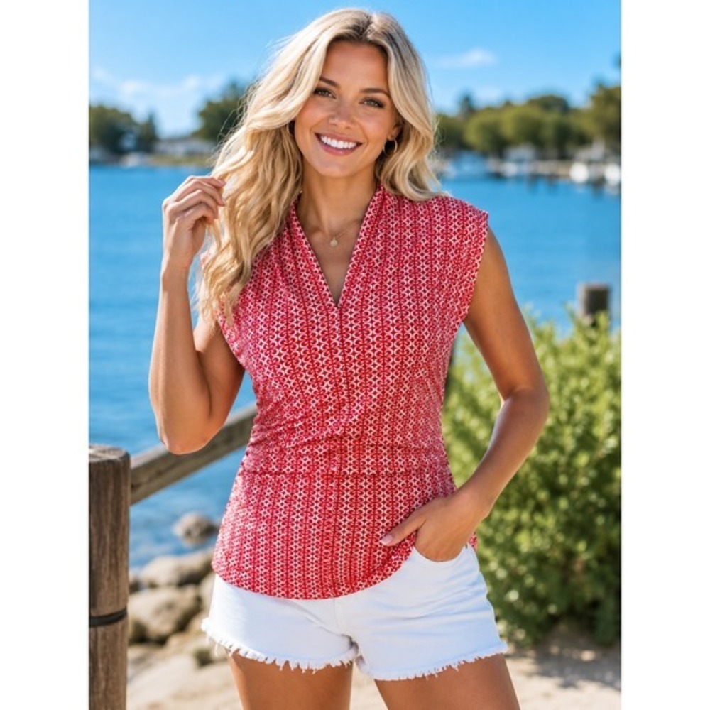 Red and White Geometric Floral Print Sleeveless Ruched V-Neck Top Cap Sleeve